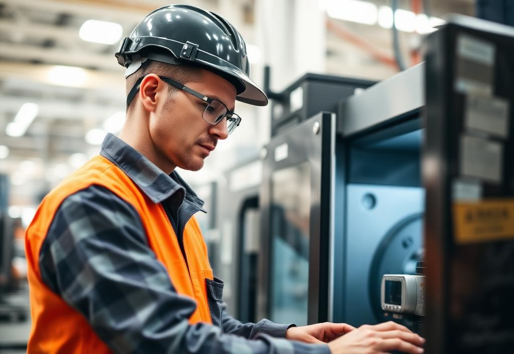 Worker inspecting machinery