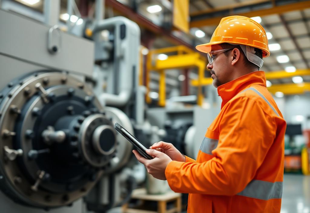 Expert using tablet in factory